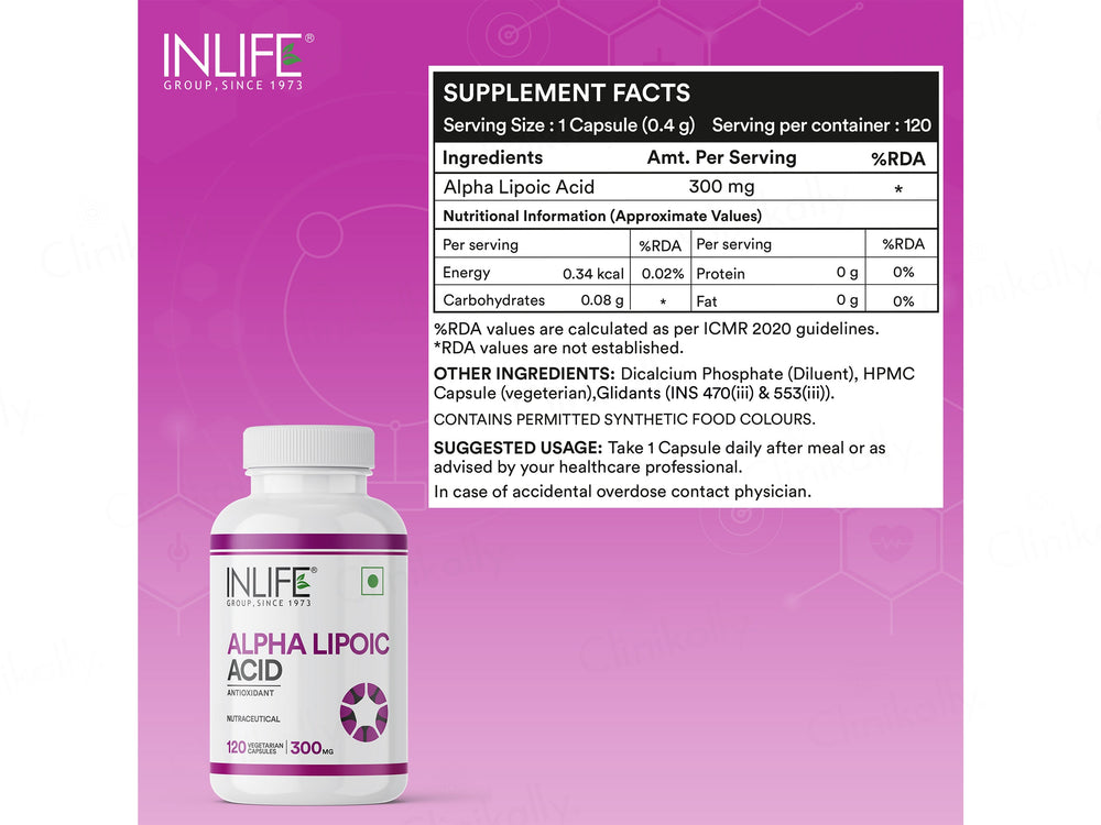 Inlife Alpha Lipoic Acid 300mg Antioxidant Nutraceutical Vegetarian Capsule