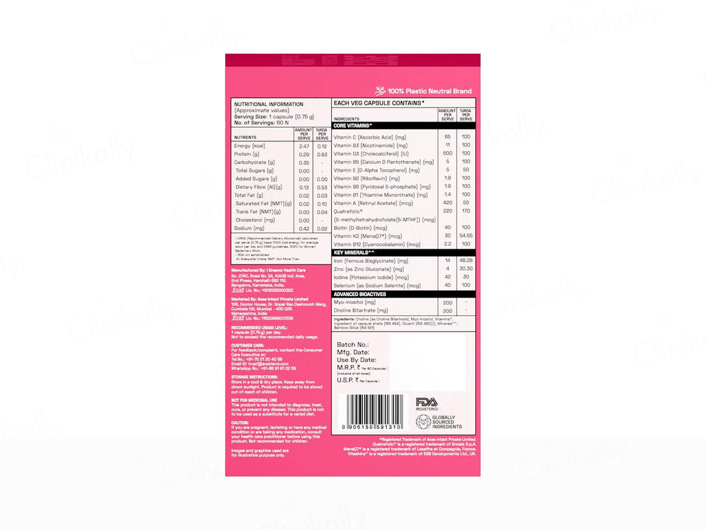 Ace Blend Women's Methylated Multivitamin Health Supplement Veg Capsule