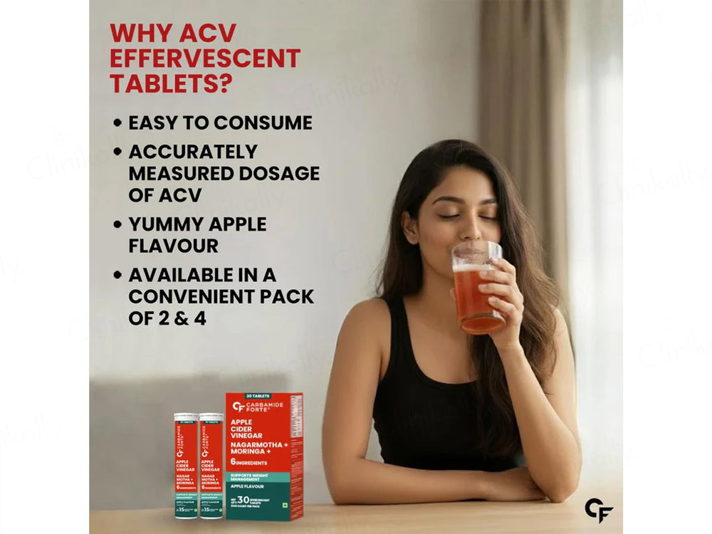 Carbamide Forte Apple Cider Vinegar Nagarmotha + Moringa Effervescent Tablet - Apple Flavour