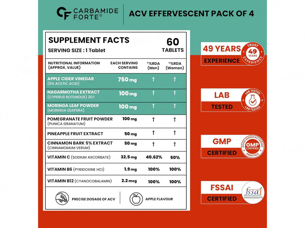 Carbamide Forte Apple Cider Vinegar Nagarmotha + Moringa Effervescent Tablet - Apple Flavour