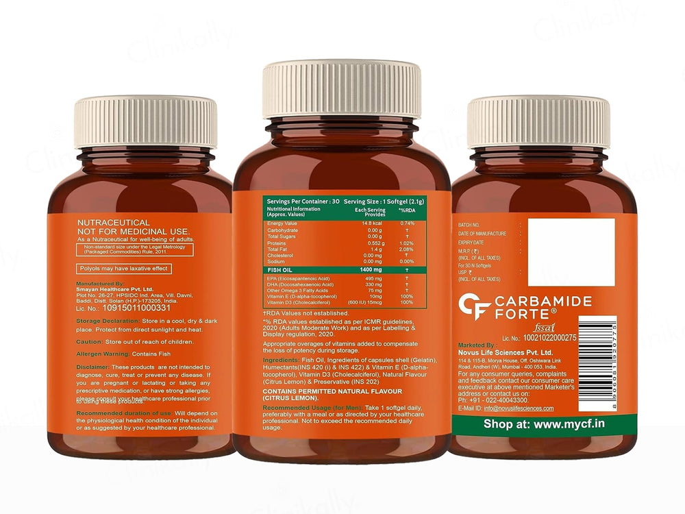 Carbamide Forte Triple Strength Fish Oil 1400mg + Vitamin D3 + E Softgel Capsule
