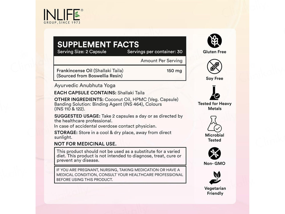 Inlife Natural Frankincense Oil 150mg Liquid Filled Veg Capsule