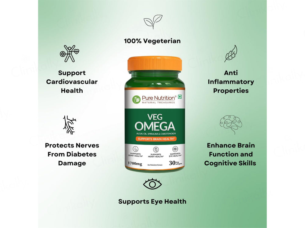 Pure Nutrition Veg Omega 1700mg With Algal Oil, Spirulina & Carotenoids Softgel