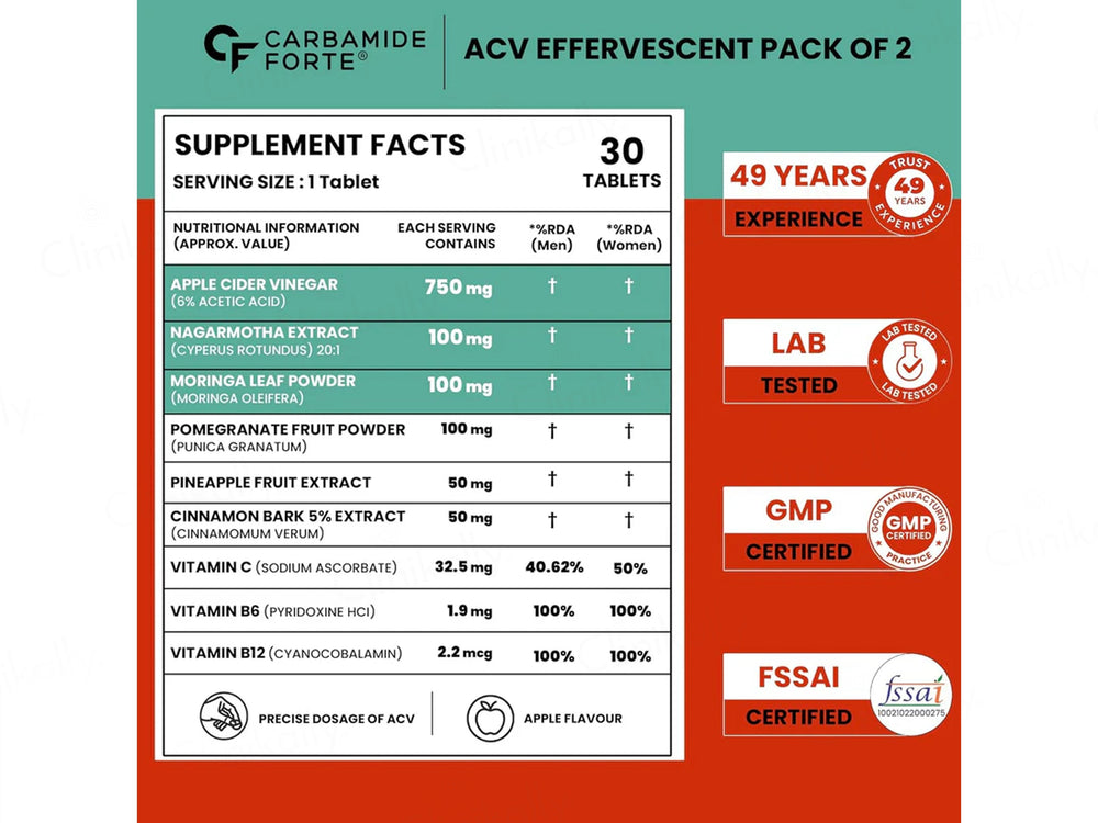 Carbamide Forte Apple Cider Vinegar Nagarmotha + Moringa Effervescent Tablet - Apple Flavour