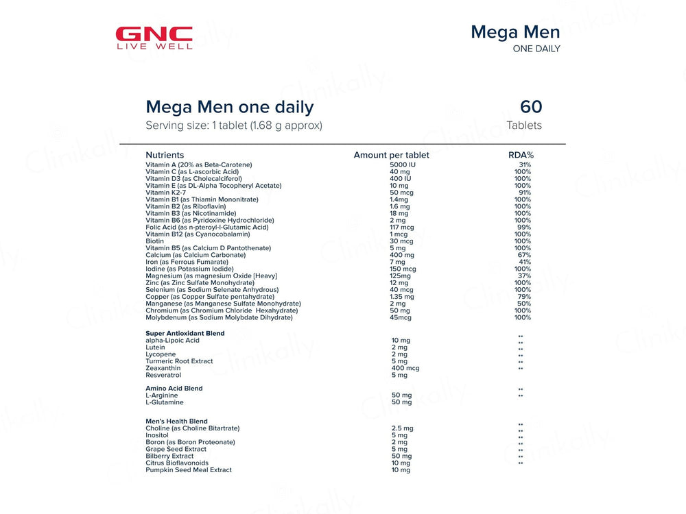 GNC Mega Men One Daily Health Supplement Tablet For Adults