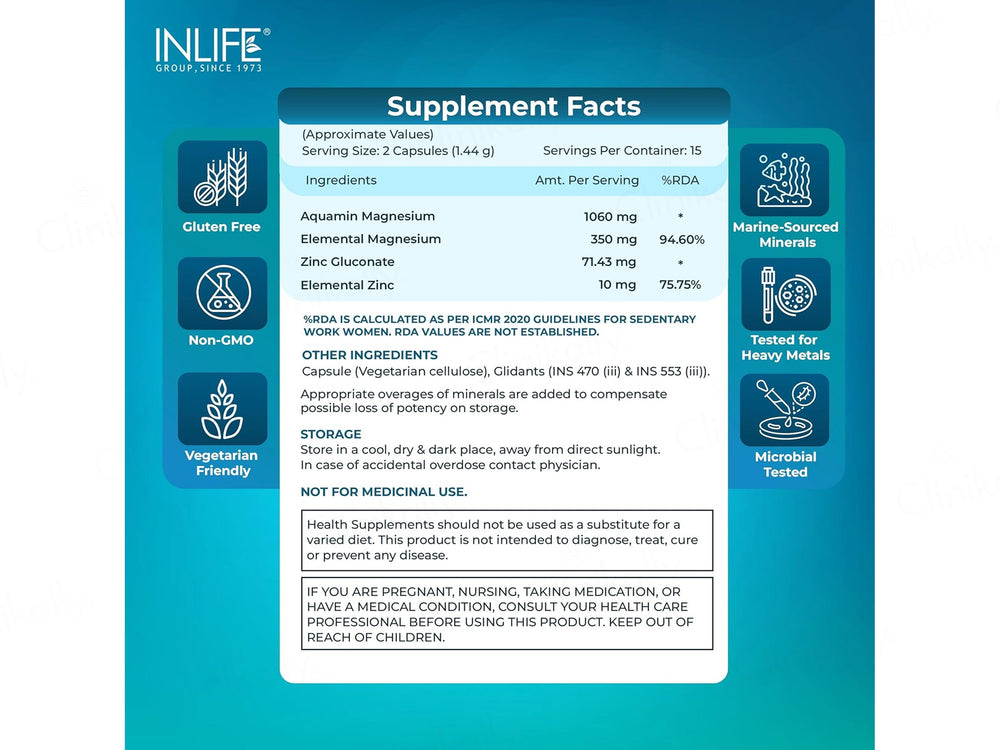Inlife Aquamin Magnesium With Zinc Gluconate Health Supplement Vegetarian Capsule