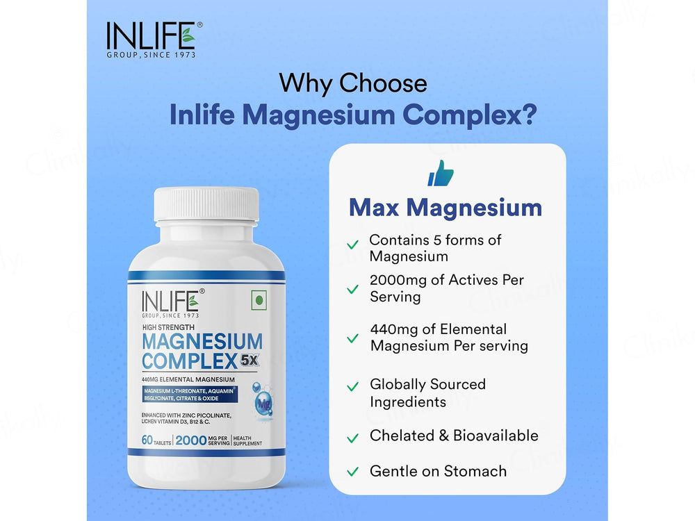 Inlife High Strength Magnesium Complex 5x 2000mg Health Supplement Veg Tablet